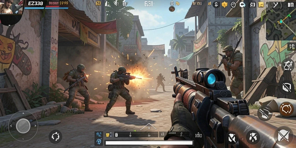 Tampilan gameplay seru dari EZ338 dengan aksi tembak menembak yang intens.