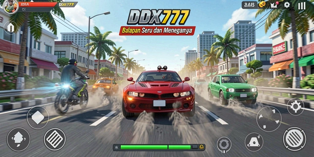 Tampilan gameplay seru di IDX777 dengan mobil balap yang beraksi.