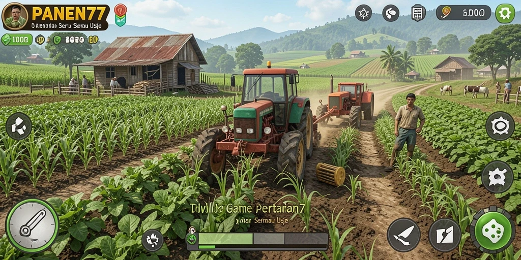 Tampilan gameplay PANEN77 dengan ladang dan hewan ternak di latar belakang.