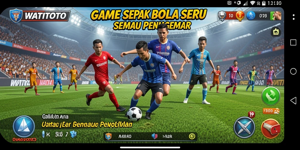 Screenshot gameplay WATITOTO yang memperlihatkan aksi seru di lapangan sepak bola.